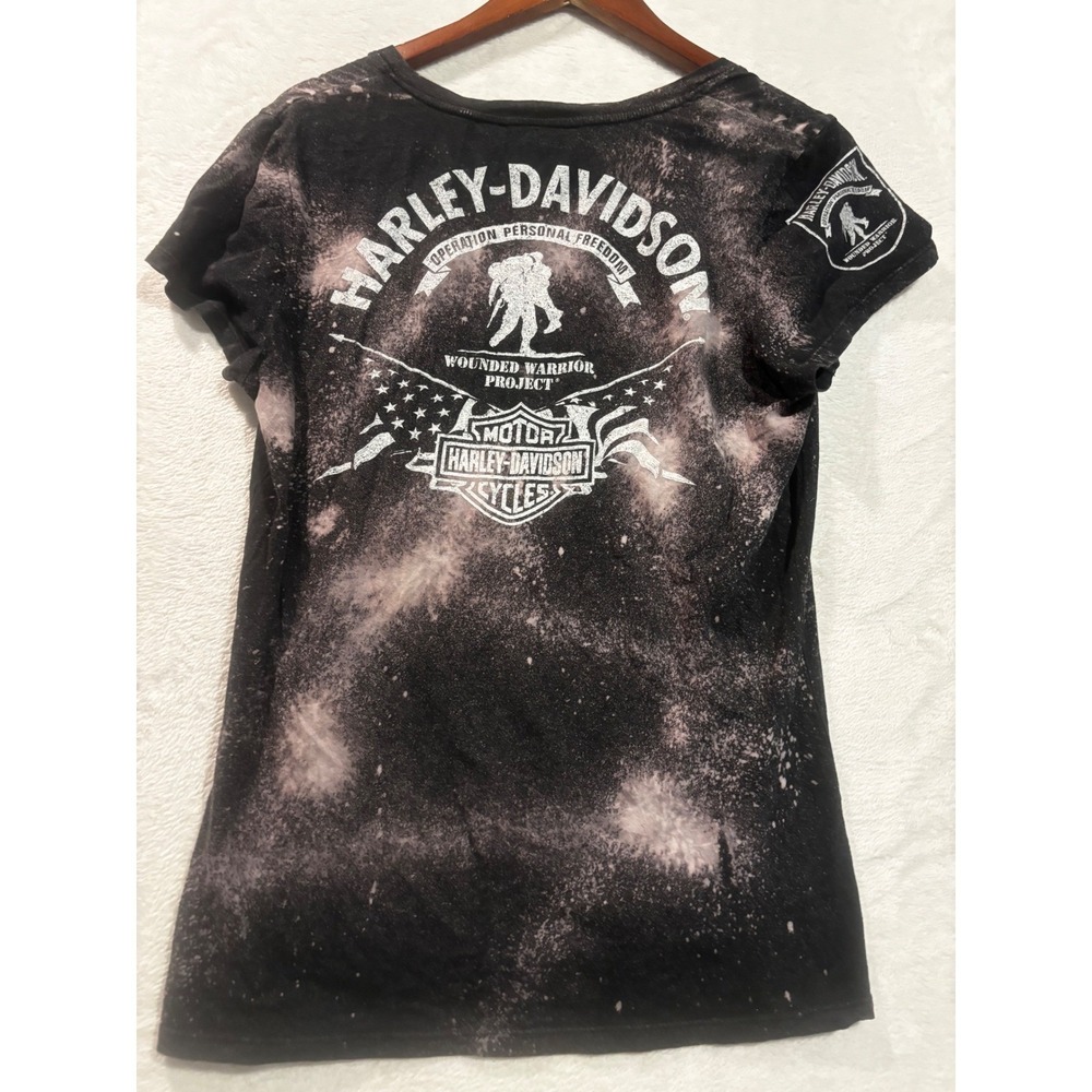 Harley-Davidson Womens Lg Wounded Warrior‎ Project V-Neck Shirt Bleach Splatter